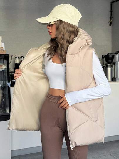 EURMUSE Solid Color Hooded Down Vest Puffer Vest Cold Weather Clothes Women Beige Two Piece Set Shackets For Women Moft Clothes Women For Summer Womens Puffer Vest Beige Vest Womens Vest Beige Outerwear