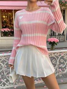 SHEIN Raffinéa Pink Ribbed Cute Heart Decor Women Knitted Pullover Sweater Fall Winter Cloth For Women - Pink - View 5