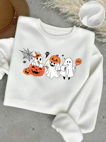 SHEIN EZwear Halloween Clothes  Casual Minimalist Halloween Pattern Loose Fit Fleece Crew Neck Sweatshirt, Fall/Winter - White - View 1