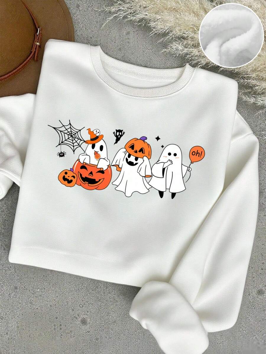 SHEIN EZwear Halloween Clothes  Casual Minimalist Halloween Pattern Loose Fit Fleece Crew Neck Sweatshirt, Fall/Winter - White - View 1