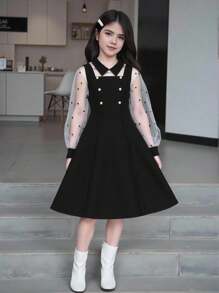 Tween Girl Mesh Contrast Long Sleeve Dress - Black - View 9