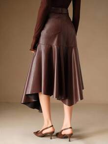 Anewsta Burgunderrote taillierte Lederrock mit ausgestelltem Saum für Damen, Herbst/Winter
