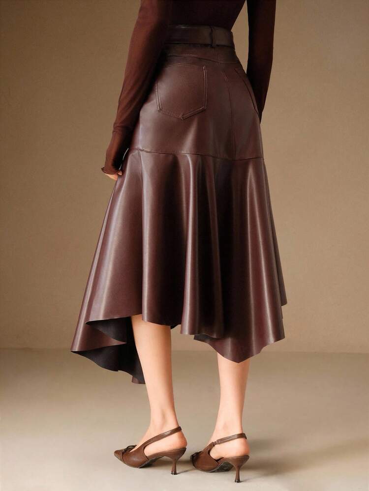 Burgundy Fitted Waist Flared Hem Women Leather Skirt, Autumn/Winter