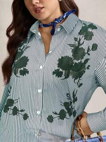 Zelara Plus Size Blue & White Striped Commute Printed Formal Shirt,Women Long Sleeve Button Down Blouse,Autumn Smart Casual Office Work Tops Business Blouses - Olive Green - View 6
