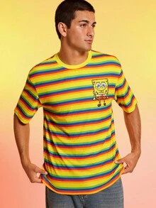 SpongeBob SquarePants | SHEIN Men's Cartoon & Striped Print Round Neck Short Sleeve T-Shirt - Yellow - View 1