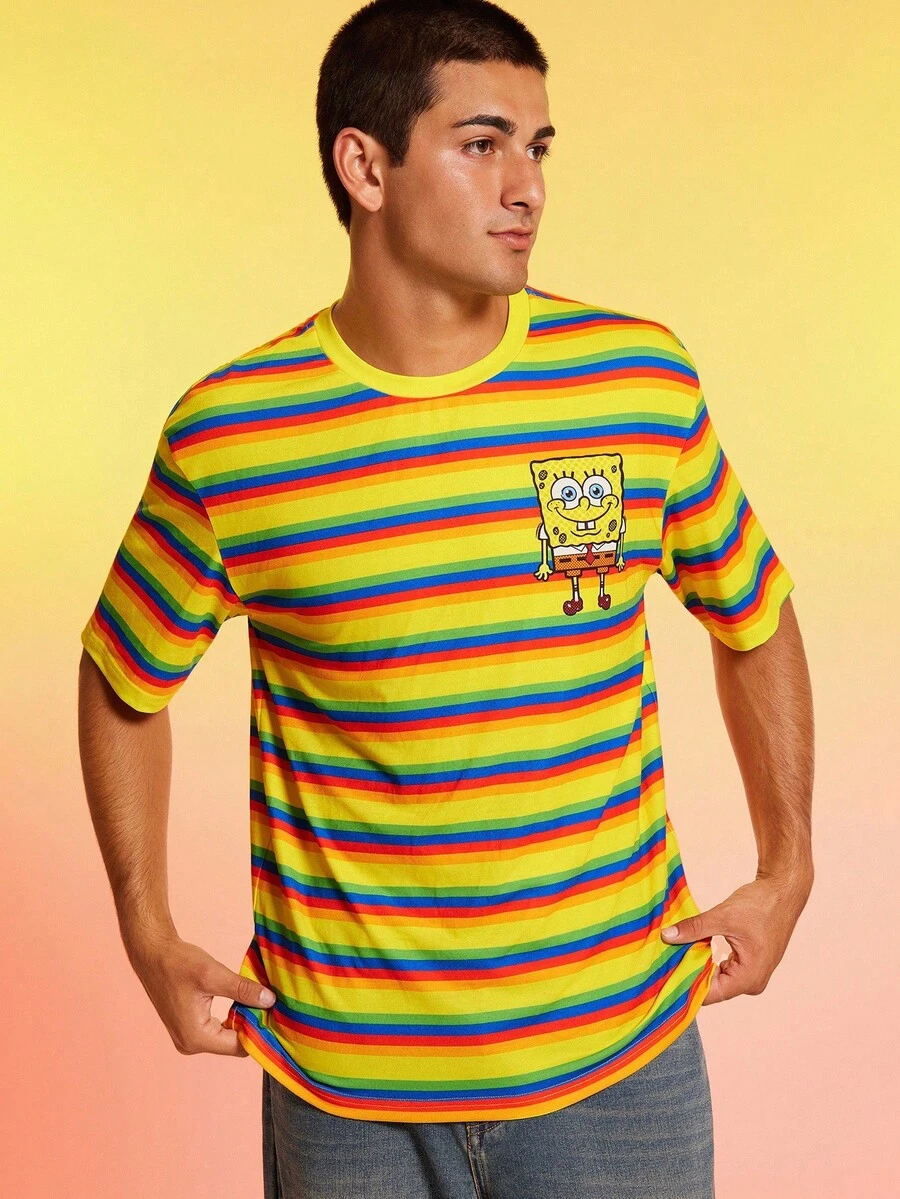 SpongeBob SquarePants | SHEIN Men's Cartoon & Striped Print Round Neck Short Sleeve T-Shirt - Yellow - View 1