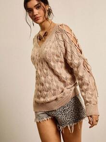 SHEIN VCAY Women's Plus Size Solid Color V-Neck Twist Pullover Sweater,Beige Autumn Boho Everyday Chic Brown Casual Fall Winter Clothes - Apricot - View 5