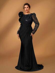 Serin Đầm dạ hội cỡ lớn sang trọng, thanh lịch, thêu ren đính sequin, phối ren, chun co giãn, xếp ly hoa 3D, dáng đuôi cá, thích hợp cho đám cưới, tiệc tùng, dạ hội, kỳ nghỉ, tiệc chiêu đãi, mẹ cô dâu, ngày Valentine. - màu đen - Xem 4