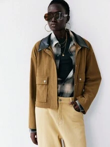 Lumivelle Chaqueta con cuello de contraste de color retro para mujer - Marrón - Ver 4