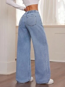 SHEIN PETITE Women's Fall Autumn Winter Halloween Christmas National Day Graduation Y2k Cute Streetwear Birthday Outfit Night Out Going Out Club Outfit Airport Outfit Business Casual Woman Country Vintage Modest Old Money Business Casual Woman Work Clothes Asymmetric Waist Pocket Wide Leg Loose Casual Blue Jeans