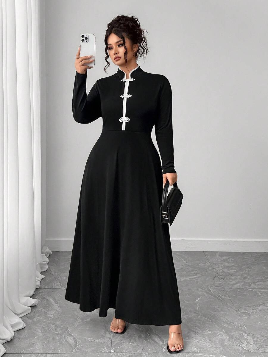 Elenzga Vestido cheongsam estilo chino de talla grande mejorado - Blanco y Negro - Ver 1