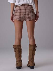 MUSERA 格纹条纹修身迷你短裤 夏季街头风 Y2K 酷女孩 海滩 西部 城市 缪斯 度假 纳什维尔 冬季 - 棕色 - 查看 3