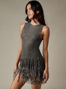 MISSGUIDED 女士金属色无袖迷你连衣裙，流苏下摆，适合派对、晚宴、特殊场合、节日、新年夜等，尽显奢华魅力。 - 黑色 - 查看 1