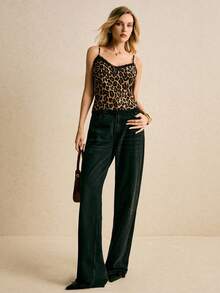 Poéselle 女士豹纹蕾丝边吊带背心，缎面细肩带动物纹印花，万圣节服装，豹纹上衣，蕾丝吊带背心，缎面吊带衫，动物纹印花，外出上衣，美学，Y2K时尚，女士撞色蕾丝豹纹宽松吊带衫，性感时尚，适合日常穿着、外出、约会、派对、通勤等各种场合，秋冬季 - 棕色 - 查看 2