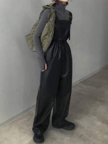 FRIFUL Women's Solid Black PU Strap Straight Waist Drawstring Loose Casual Jumpsuit, Versatile For Airport Travel, Autumn - Black - View 4