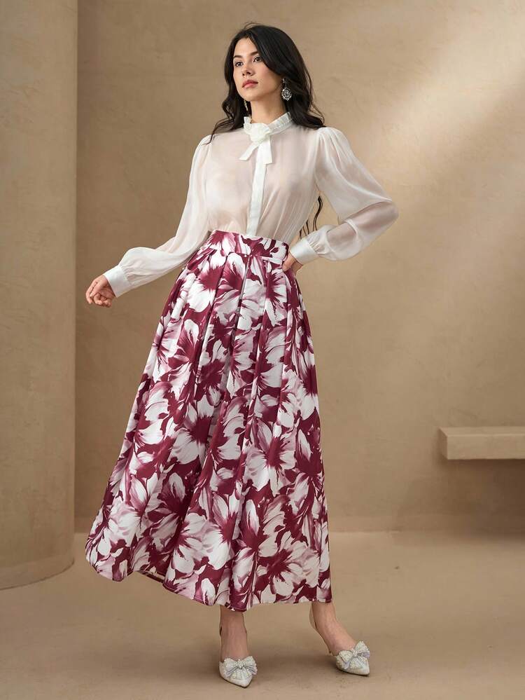Women's High Waist Pleated Floral Print Skirt, Elegant Style Fall Skirts Vacation