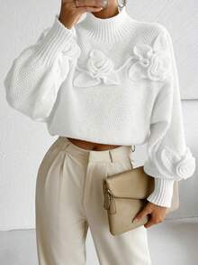 Almamuse Women's Elegant Solid Color 3D Floral Decor Turtleneck Lantern Sleeve Pullover Sweater, Autumn/Winter Fall Cloth For Women - White - View 6