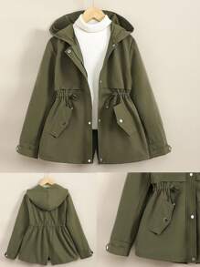 SHEIN 秋冬季青少年女孩休闲军绿色宽松连帽抽绳可调节腰部派克大衣 - 軍綠色 - 查看 3