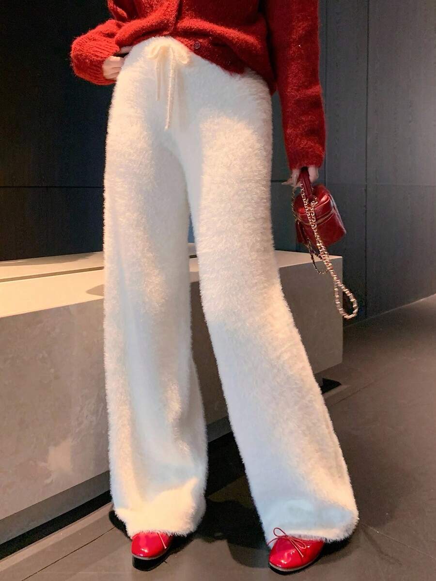 DAZY 女士蓬松直筒休闲裤，秋冬 - 米色 - 查看 1