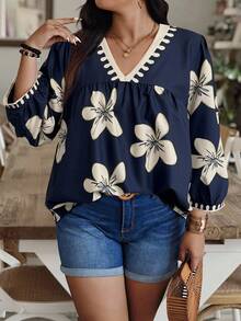 Weeklong Blouse ample à manches lanternes et col V avec imprimé floral aléatoire pour grandes tailles femmes