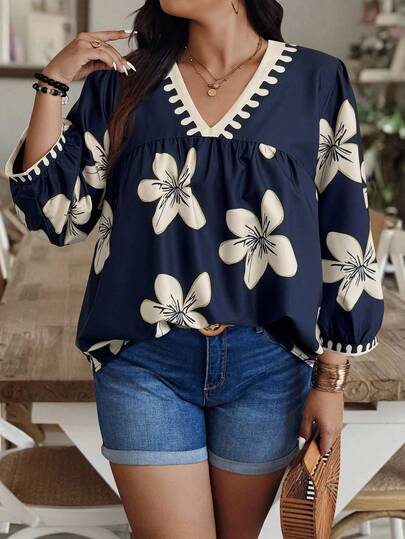 Weeklong Random Floral Print Plus Size Women V-Neck Lantern Sleeve Loose Blouse
