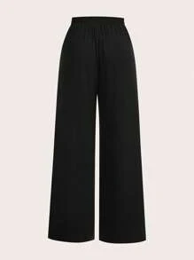 SHEIN EZwear Quần ống rộng cạp chun rút eo cỡ lớn dành cho nữ, màu đen - màu đen - Xem 3