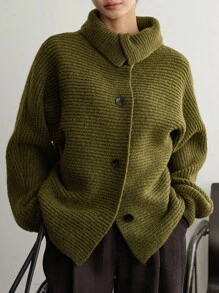 Dazy-Less 女士宽松商务休闲高领纯色针织开衫，适合秋冬季办公室穿着外套 - 墨綠色 - 查看 8