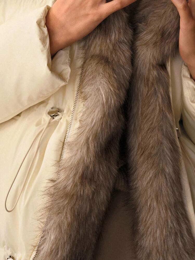 WOMEN'S LONG SLEEVE CONTRAST FURRY HOODED PADDED COAT, AUTUMN/WINTER