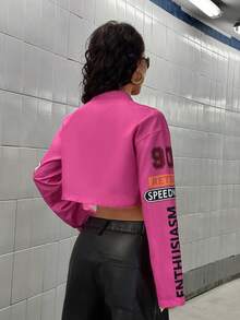 StreetHx 女款街头风字母印花长袖单排扣短款夹克 - 玫紅色 - 查看 2