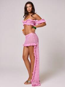 MUSERA 钩针编织修身迷你毛衣裙，带荷叶边拖尾，仅限夏季度假波西米亚风伊比沙岛优雅俱乐部海滩可爱性感节日生日派对夜生活秋季派对假日 - 粉色 - 查看 3