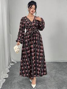 Modelyn Vestido corto de manga corta con volantes de talla grande para mujer, con estampado romántico elegante de rayas y flores - Multicolor - Ver 3