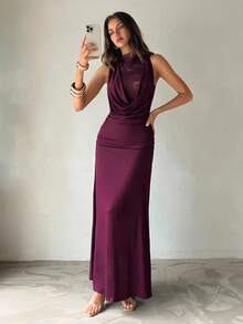 Aloruh Women's Elegant Drap Neck Fitted Lace Pathwork Maxi Dress,Women Night Out Wedding Guest ,Sun Dresses For Women,Fall - Purple - View 3
