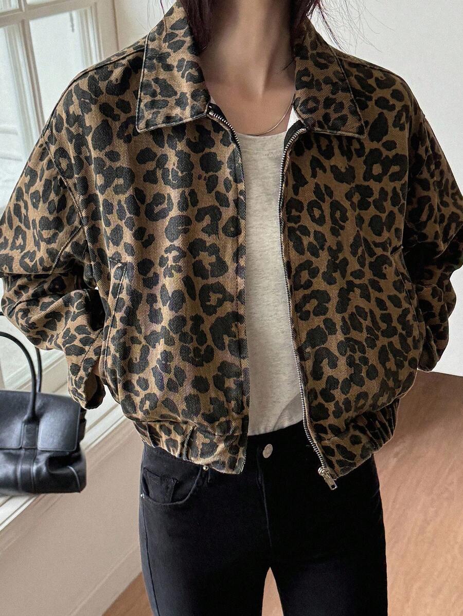 DAZY 女士翻领豹纹短款街头休闲牛仔夹克外套秋冬Y2K - 棕色 - 查看 1
