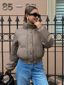 DAZY 女式立领短款毛绒内衬休闲街头风格棉服外套冬季夹克 - 棕色 - 查看 7