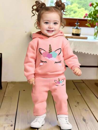 2pcs Baby Girl Casual Fashionable Cute Cartoon Unicorn Print Minimalist Thermal Lined Hoodie Sweatshirt And Pants Set, Autumn/Winter, Pink Hoodie Set Fall