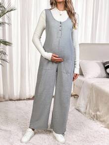 SHEIN Maternity Solid Color Versatile Knit Scoop Neck Sleeveless Jumpsuit - Grey - View 1