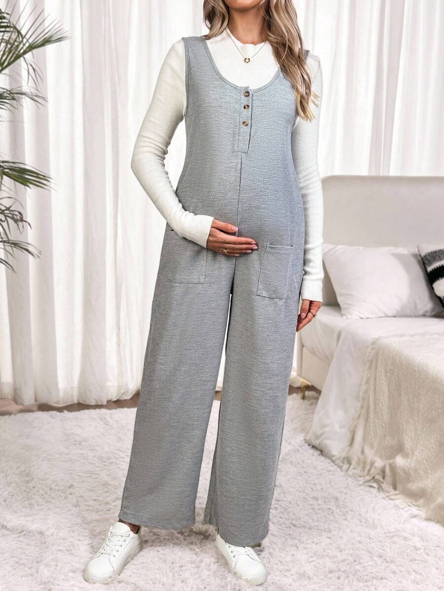 SHEIN Maternity Solid Color Versatile Knit Scoop Neck Sleeveless Jumpsuit - Grey - View 1