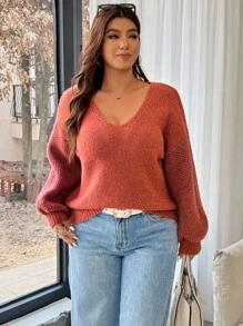 Flirla Loose V-Neck Casual Plus Size Knit Pullover Sweater For Women Fall Winter Cloth For Women Autumn - Orange - View 4