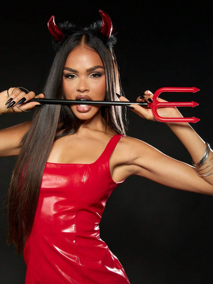 MISSGUIDED Halloween Devil Costume Accessories Kit With Red Metallic Horns Headband And Black Trident Prop Party Dress Up Holiday Cosplay Festival Accessory Set - Multicolor - View 1