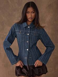 SHEIN BAE 女式秋冬休闲条纹长袖单排扣修身时尚牛仔夹克，秋季，女式牛仔夹克，音乐会，休闲女装，商务休闲女装，大码秋季服装，女式外出上衣，新款秋季时尚女装，老款女装