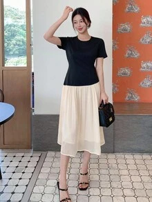 DAZY 女士撞色圆领中长连衣裙 夏季女装连衣裙 - 黑色 - 查看 5