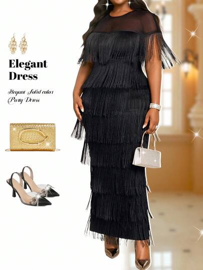 SHEIN Lady CURVE 春夏秋冬优雅端庄派对婚礼情人节鸡尾酒会音乐会/音乐节黑色针织圆领飘逸撞色网眼流苏长款短袖大码连衣裙大码女装纯色圆领短袖拼接多层流苏修身优雅连衣裙女士连衣裙优雅婚礼宾客礼服女士婚礼宾客礼服曲线优雅女士连衣裙新娘母亲婚礼礼服女士优雅服装秋季服装黑色连衣裙优雅优雅优雅连衣裙优雅连衣裙优雅婚礼宾客礼服优雅婚礼宾客礼服