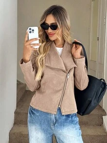 Easowa 女式休闲时尚街头时尚翻领拉链仿麂皮机车夹克，秋季 - 駝色 - 查看 5