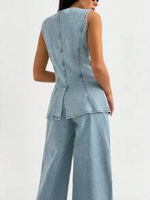 EURMUSE Set di donna composto da un gilet di jeans casual monopetto e jeans - Lavaggio chiaro - Visualizzare 2