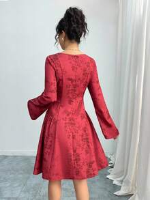 Modelyn Women's Burgundy Sexy Deep V-Neck Long Sleeve Bodycon Midi Party Dress Fall Cloth For Women - Burgundy - View 2