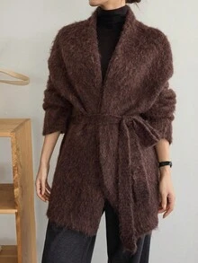 Dazy-Less Women's Thick Fleece Loose Business Casual Tie-Up Cinched Waist Knit Cardigan, Suitable For Office Wear In Autumn & Winter - Brown - View 1