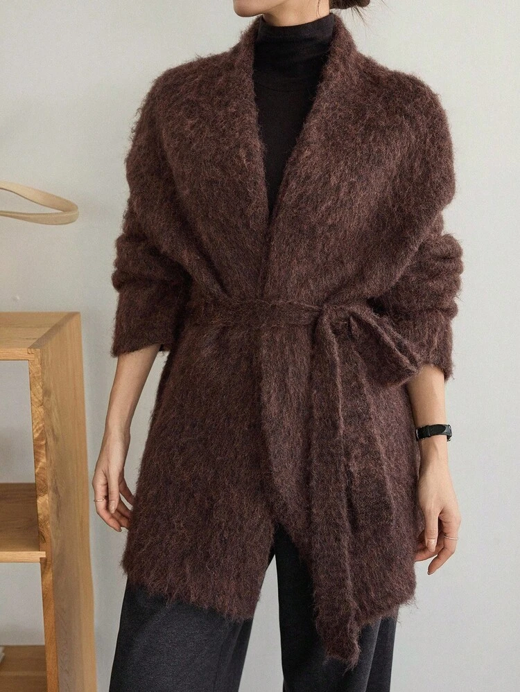 Women's Thick Fleece Loose Business Casual Tie-Up Cinched Waist Knit Cardigan, Suitable For Office Wear In Autumn & Winter