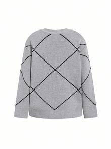 Editum Women's V-Neck Long Sleeve Loose Gray/Black Bow Elegant Everyday Pullover Sweater, Autumn/Winter,Fall Spring Summer Elegant - Grey - View 5