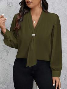 SHEIN Privé 加大码深绿色长袖领结银色装饰纽扣时尚正装衬衫 - 軍綠色 - 查看 5