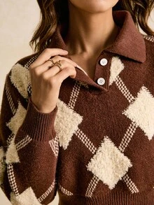 Poéselle Pulover damă maro în carouri, cu guler polo, ajustat în talie, pulover retro american, tricotat moale, călduros și confortabil, pulovere de iarnă pentru femei, pulover maro, simplu și elegant, potrivit pentru purtare zilnică, ieșiri în oraș, naveta, toamnă/iarnă - Maro - Vizualizare 4